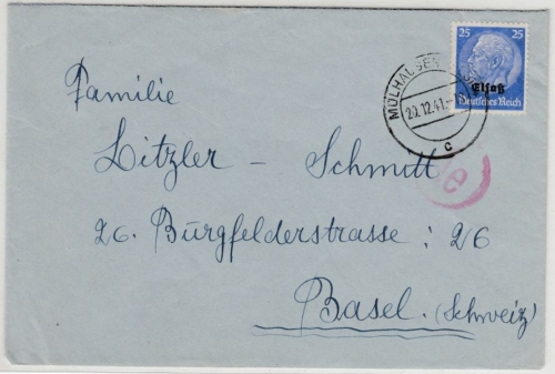 Dt.Bes.Elsaß - 25 Pfg. Hindenburg/Überdruck, Zensurbrief i.d. SCHWEIZ, Mülhausen