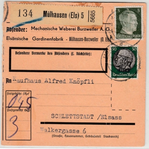 Dt.Bes.Elsaß - 50 Pfg. Hindenburg/Überdruck u.a., Paketkarte Mülhausen 5 n.
