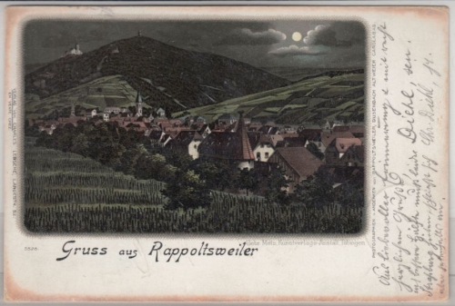 Elsass - Rappoltsweiler, farb. Mondschein-Litho, gelaufen 1898