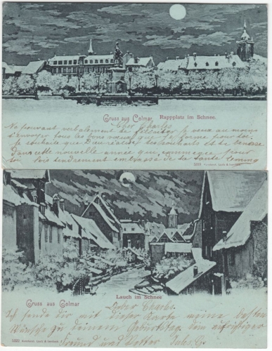 Elsass - Colmar - Rappplatz, Lauch - 2 Mondscheinlitho-AK/Winteraufnahmen 1898