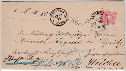 DR - 10 PfgE., Dienstbrief Ratibor - Weicha 1879, div. Retourvermerke-mit Inhalt