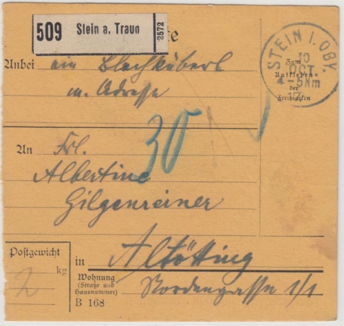 Bayern - Stein a. Traun 1917, unfreie Paketkarte/30 Pfg. Nachporto n. Altötting