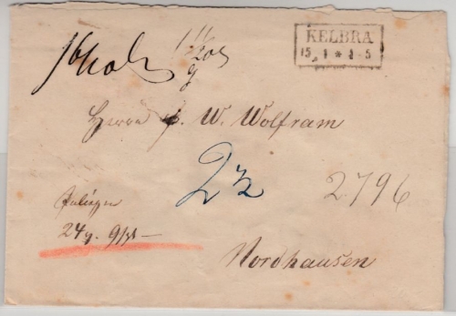 Preussen - Kelbra (ca. 1860), Ra2 a. Geldbrief n. Nordhausen, ohne Inhalt