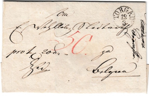 Preussen - Torgau (1833), kl. K1 a. Portobrief n. Belgern
