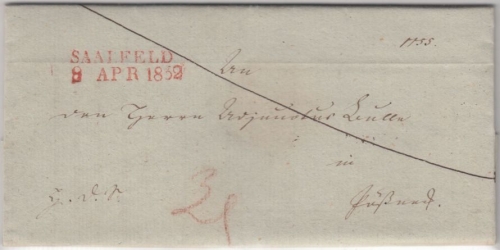 Thurn & Taxis - Saalfeld 1832, roter L2 a. Dienstbrief n. Pößneck, mit Inhalt