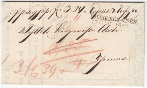 Thurn & Taxis - Hildburghausen 1850, Postvorschussbrief n. Themar, mit Inhalt