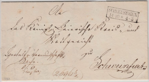 Preussen/Bayern - Schleusingen (1853), Ra2 a. Dienstbrief n. Schweinfurt