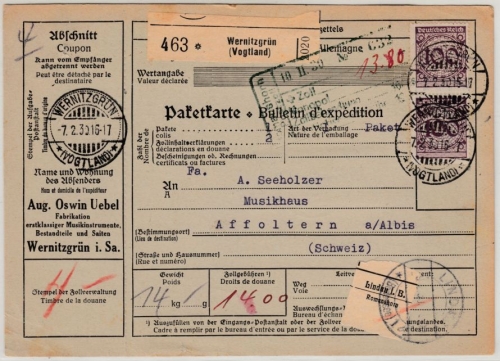 DR - 4x100 Pfg. Korbdeckel, Paketkarte i.d.SCHWEIZ, Wernitzgrün - Affoltern 1930