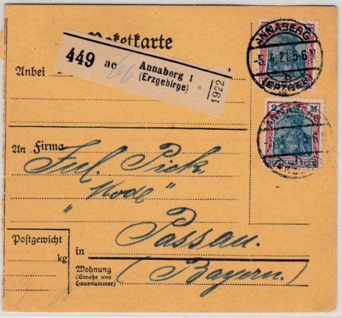 DR - 2x2 M. Germania, Paketkarte Annaberg (Erzgebirge) - Passau 5.4.21