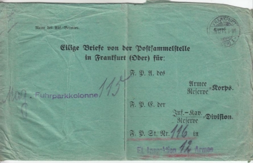 DR - Feldpost, "Eilige briefe v.d. Postsammelstelle Frankfurt/Oder" 1915 n.