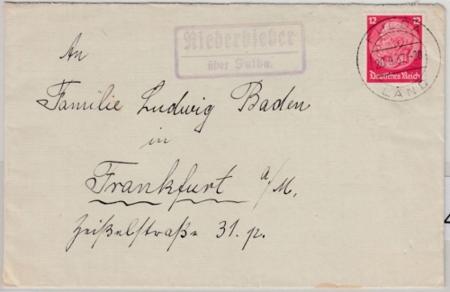 DR - Niederbieber ü. Fulda, Landpost-Ra2 a. brief n. Frankfurt a.M. 1937