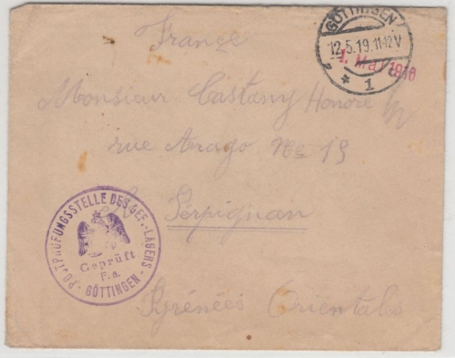 DR - Kriegsgefangenenbrief n. FRANKREICH, Göttingen - Perpignan 1916/1919