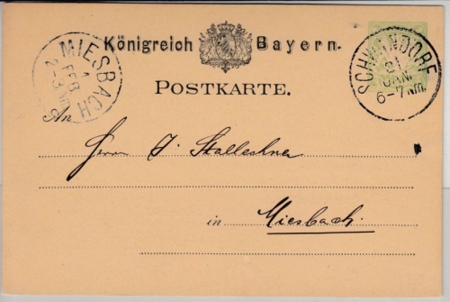 Bayern - 3 Pfg. Wappen GA-Karte m. priv. Zudruck (Reise-Avis), Schwandorf n.