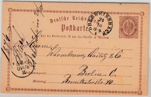 DR/Thurn&Taxis - Oberweissbach (1874), K1 a. 2 Kr. Brustschild GA-Karte n.Berlin