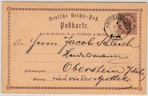 DR/Sachsen - Grünhainichen 1873, K2 a. 1/2 Gr. Brustschild GA-Karte n. Oberstein