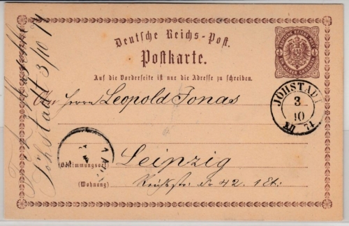 DR/Sachsen - Jöhstadt 1874, K2 a. 1/2 Gr. Brustschild GA-Karte n. Leipzig