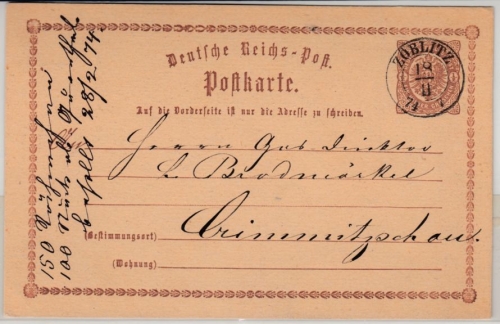 DR/Sachsen - Zöblitz 1874, K2 a. 1/2 Gr. Brustschild GA-Karte n.Crimmitzschau