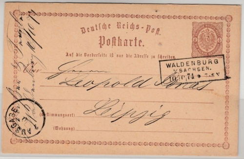 DR - Waldenburg in Sachsen 1874, Ra3 a. 1/2 Gr. Brustschild GA-Karte n. Leipzig