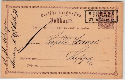 DR - Meerane in Sachsen 1873, Ra3 a. 1/2 Gr. Brustschild GA-Karte n. Leipzig