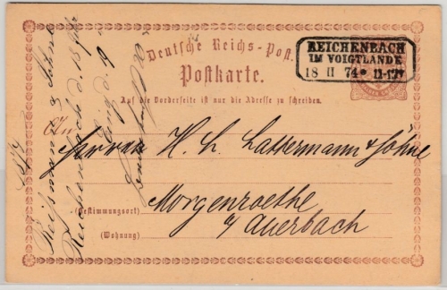 DR/Sachsen - Reichenbach im Vogtlande 1874, Ra3 a. 1/2 Gr. Brustschild GA-Karte