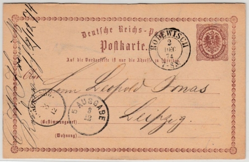 DR/Sachsen - Rodewisch 1874, K2 a. 1/2 Gr. Brustschild GA-Karte n. Leipzig
