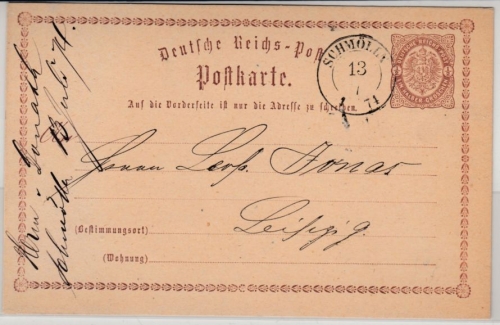DR/Sachsen - Schmölln 1874, K2 a. 1/2 Gr. Brustschild GA-Karte n. Leipzig