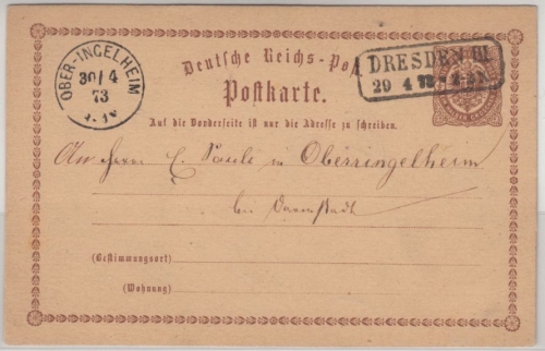 DR - Dresden III 1873, Ra3 a. 1/2 Gr. Brustschild GA-Karte n. Ober-Ingelheim