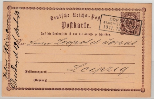 DR - Dresden Stadtpost-Exped. No.3 1873, Ra3 a. 1/2 Gr. Brustschild GA-Karte n.