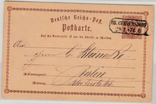 DR/Sachsen - Ob.Cunnersdorf 1874, Ra2 a. 1/2 Gr. Brustschild GA-Karte n. Berlin