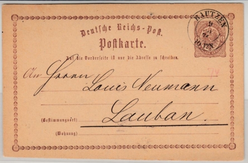 DR/Sachsen - Bautzen 1874, K2 a. 1/2 Gr. Brustschild GA-Karte n. Lauban