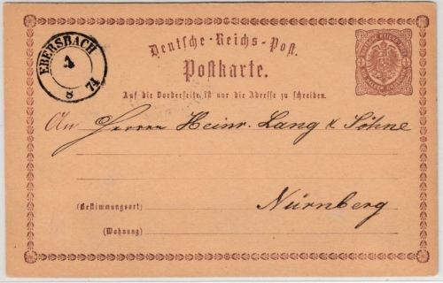 DR/Sachsen - Ebersbach 1874, K2 a. 1/2 Gr. Brustschild GA-Karte n. Nürnberg