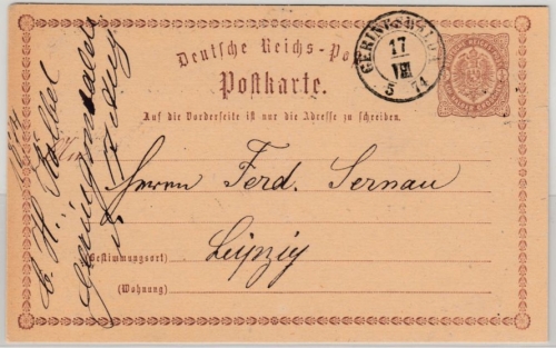DR/Sachsen - Geringswalda 1874, K2 a. 1/2 Gr. Brustschild GA-Karte n. Leipzig