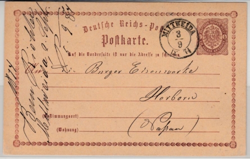 DR/Sachsen - Mittweida 1874, K2 a. 1/2 Gr. Brustschild GA-Karte n. Herborn