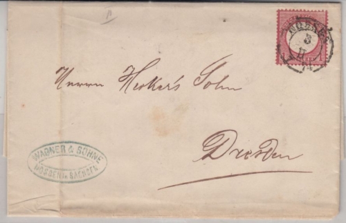 DR/Sachsen - Nossen 1874, K2 a. 1 Gr. gr. Brustschild, Brief n. Dresden