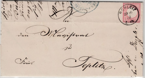 DR - Schleiz 1872, K1 a. 1 Gr. gr. Brustschild, Brief n. Teplitz/ÖSTERREICH
