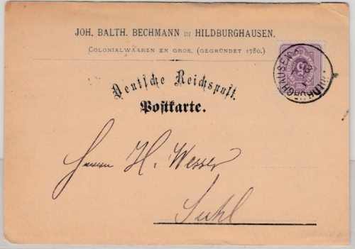 DR - Hildburghausen 1888, K1 a. Firmenpostkarte n. Suhl