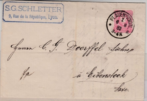 DR - 10 Pfg., Brief v. Plauen (Abs. v. Lyon/FRANKREICH !) n. Eibenstock 1883