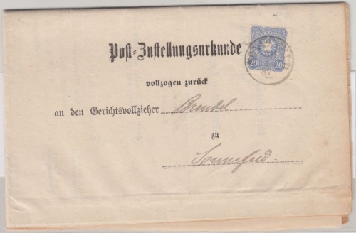 DR/Thurn & Taxis - Sonnefeld 1887, K1 a. Post-Zustellurkunde