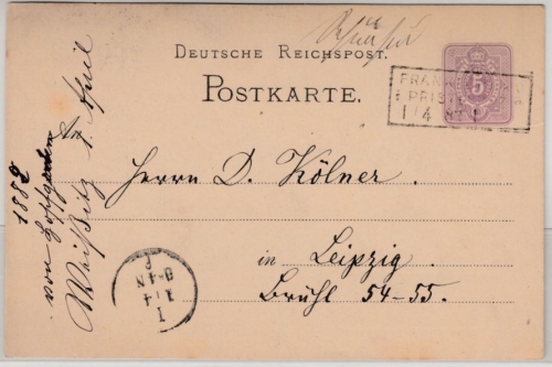DR - Frankfurt/O.-Priestewitz Bahnpost-Ra3 a. 5 Pfg. GA-Karte Schönfeld 1882 n.