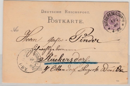 DR - Niederebersbach 1889, K1 a. 5 Pfg. GA-Karte n. Rückersdorf