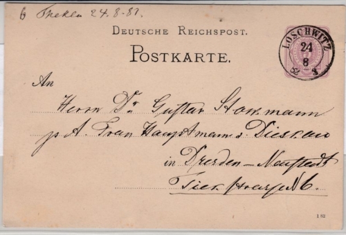 DR/Sachsen - Loschwitz 1882, K2 a. 5 Pfg. GA-Karte n. Dresden