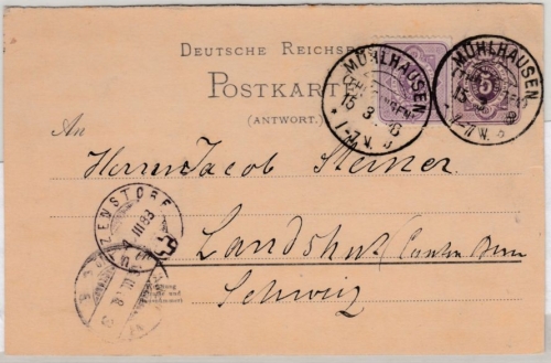 DR - Mühlhausen (Thüringen) 1883, KOS a. 5 Pfg. GA-Karte+Zustz i.d. SCHWEIZ