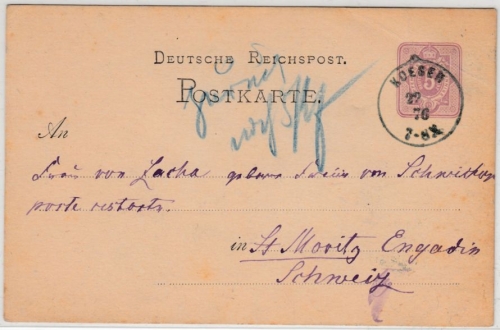DR - Koesen 1876, K1 a. unterfrank. 5 PfgE. GA-Karte i.d. SCHWEIZ