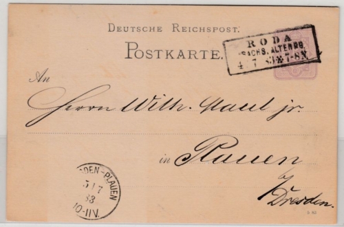DR - Roda i. Sachs.Altenb. 1883, Ra3 a. 5 Pfg. GA-Karte n. Dresden-Plauen