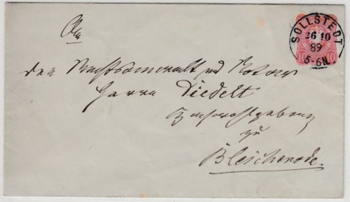 DR - Sollstedt 1889, K1 a. 10 Pfg. GA-Umschlag n. Bleicherode, ohne Inhalt