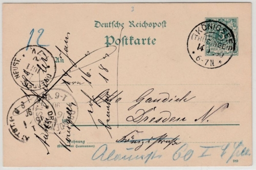 DR - Königsee (Thüringen) 1890, KOS a. 5 Pfg. K/A GA-Karte n. Dresden