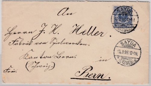 DR - 20 Pfg. Krone/Adler, Brief i.d.SCHWEIZ, Sayda - Bern 1898, ohne Inhalt