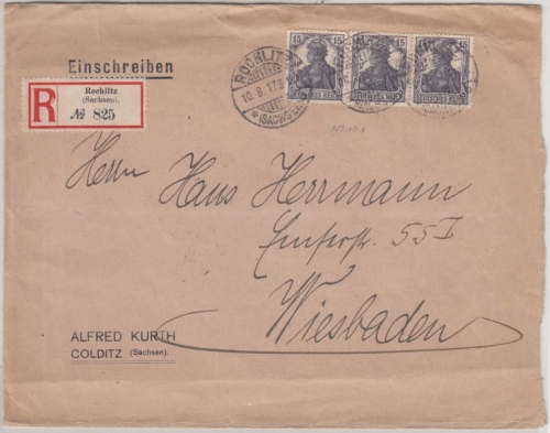 DR - 3x15 Pfg. Germania, Einschreibebrief Rochlitz - Wiesbaden 1917, ohne Inhalt