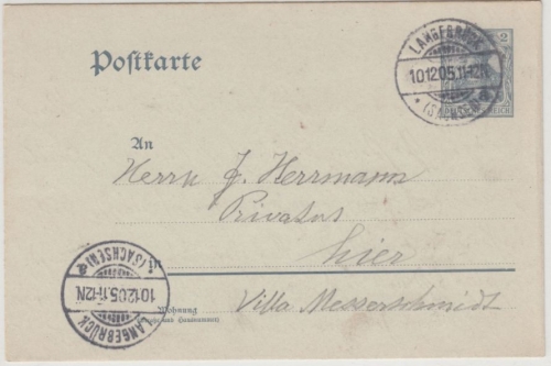 DR - Langebrück 1905, Kreisgitterstempel a. 2 Pfg. Germania GA-Karte/Ortskarte