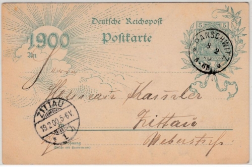 DR - Panschwitz 1900, K1 a. 5 Pfg. Germania Jahrhundert-GA-Karte n. Zittau